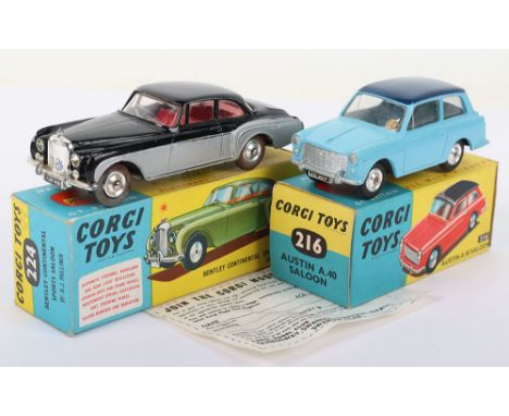 Corgi Toys 216 Austin A.40 Saloon, two tone blue body, scarce shaped spun wheel hubs, in near mint condition, Corgi club leaf