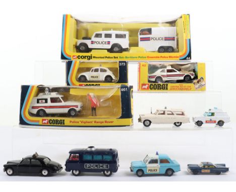 Vintage Corgi Toys Police Models, boxed: 44 Metropolitan Mounted Police Set, Land Rover, horsebox and police man on horse, 37