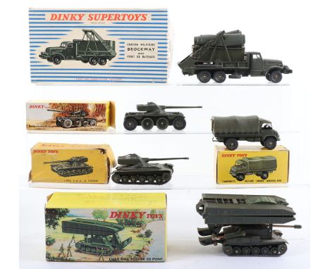 Five Boxed French Dinky Military Toy Models, 817 CHAR A.M.X. 13 Tank, 821 Mercedes Benz Unimog Army covered wagon, 827 Panhar