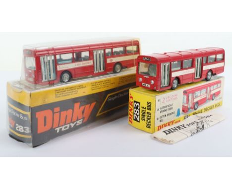 Two Boxed Dinky Toys 283 Single Decker Red Arrow Buses, red body, cast wheels, in card illustrated box with inner packing and