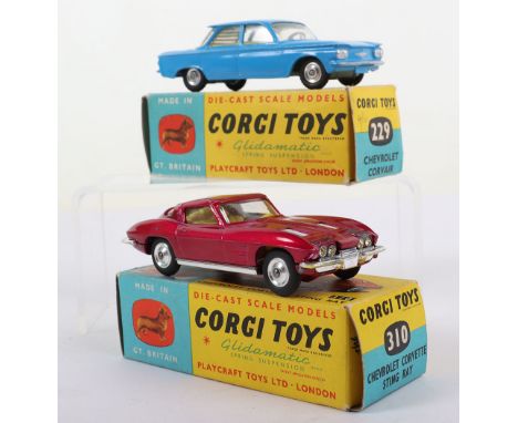 Two Boxed Vintage Corgi Toy Model USA Cars, 229 Chevrolet Corvair,mid blue body, yellow interior, shaped spun wheel hubs, in 