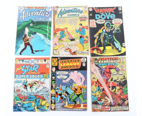 Twelve DC Comics,1962 Adventure Comics June No.297 some biro graffiti, 1968 Justice league of America No.64,1969 Hawk of The 