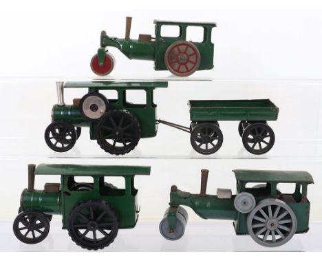 Tri-ang Minics 54M Traction Engine with Trailer, 44m Traction Engine and two 33m Steam Rollers, one a prewar version with woo