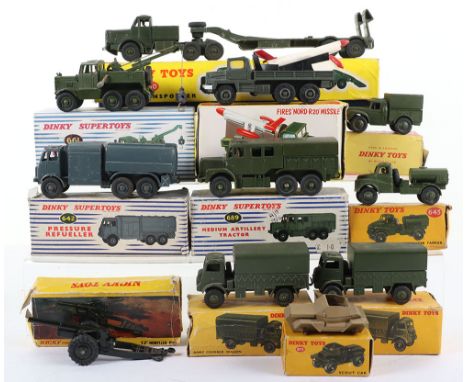 Boxed Dinky Toys Military Models, 620 Berliet Missile Launcher (Nord R20 missile-one plastic fin broken) 623 Army Covered Wag