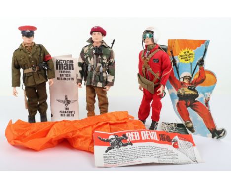 Three Vintage Action Man Dressed Figures, Red Devil Parachutist, complete, orange parachute, on black painted head doll, L68 