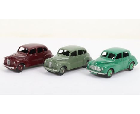 Dinky Toys 40 Series Cars, 40g Morris Oxford green body, light green wheel hubs, 40d Austin Devon, maroon body/wheel hubs and