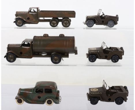 Six Tri-ang Minic Military Tinplate models, 1m Army Ford Saloon, Excellent, 15M CF Army Petrol tanker Fair, 66M Six wheel Arm