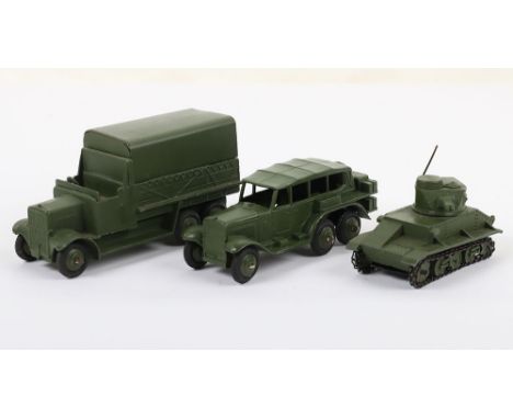 Dinky Toys Military Vehicles, 151c 6-wheel covered wagon, 152a Light Tank, complete with tracks &amp; aerial and 152b Reconna