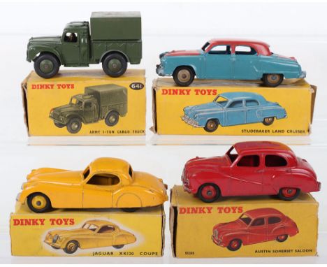 Four Boxed Dinky Toys Cars, 40J Austin Somerset, red body./ wheel hubs (one end flap-two inner tabs missing from box) 157 Jag