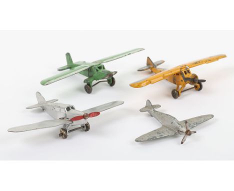 Four Dinky Toys Aeroplanes, 60b pre-war French Dinky Potez 58, yellow/grey, 60c pre-war French Dinky Henriot H180T green/whit