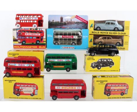 Budgie Diecast Models, including: 101 London Taxi Cab, 2 x 102 Rolls Royce Silver Clouds, 3 x 236 Routemaster Buses, plus two