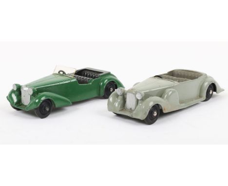 Dinky Toys 38c Lagonda Sports Coupe, green body, black seats/ridge wheel hubs, in excellent original condition and 38d Alvis 