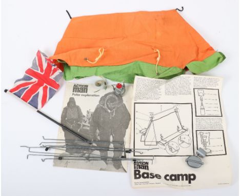 Vintage Palitoy Action Man Polar Explorer Base Camp Accessories, including: tent, nine V poles, flag, cooking stove, mug, mes