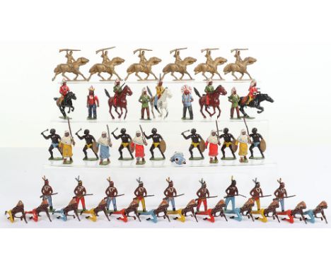 Britains North American Indians, 1930s, Five on horseback, nine standing with rifles, two with fixed arm tomahawks, Chief wit