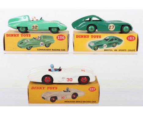 Three Boxed Dinky Toys Racing Car Models, 163 Bristol 450 Sports Coupe, green body/mid green wheel hubs, racing no 27, in nea