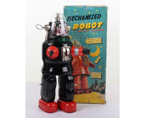 Nomura TN (Japan) Mechanised “Robby” The Robot  battery operated, black and red tinplate body, with clear plastic dome, black