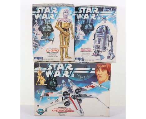 Three Star Wars Vintage Boxed Scale Model Plastic Kits, circa 1977, MPC ‘The Authentic C-3PO’ 10” tall kit, in sealed bag wit