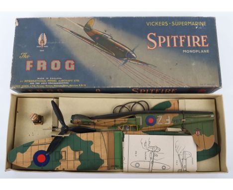 A Lines Bros Frog Aeroplane Vickers Supermarine Spitfire Monplane, camouflaged printed balsa wood wings/rear tail fin, carboa