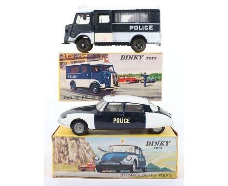 Two French Dinky Toys Police Vehicles, 501 Citroen DS 19 dark blue/white body, concave wheel hubs light grey interior, in goo