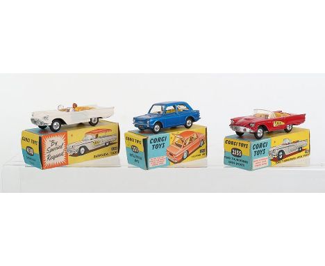 Three Boxed Vintage Corgi Toy Model Cars,215S Ford Thunderbird Open Sports, red body, Taxi stickers have been applied, in goo