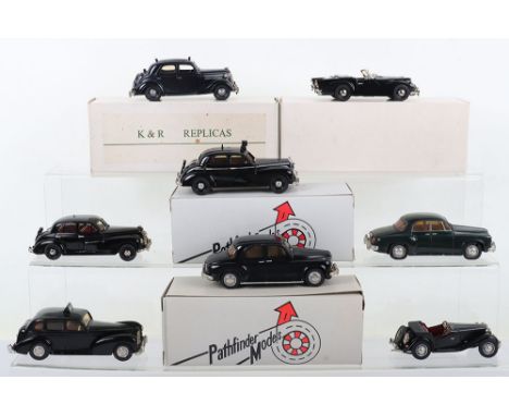 Seven White Metal Models, boxed: Pathfinder Models PFM 7 Wosley 6/80 1953 police car, PFM No.2 Rover 90 1956 (front bumper lo