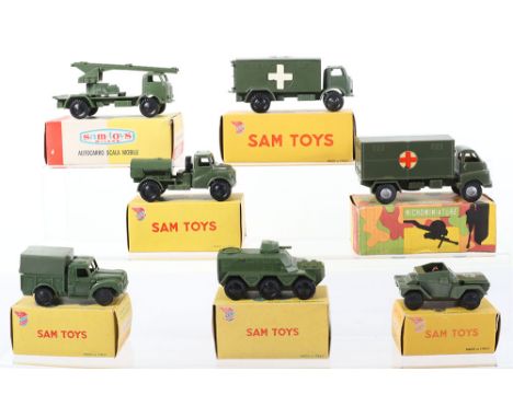 Scarce Six Boxed Sam Toys Italy Plastic Military Models, 431 Army I Ton Cargo Truck,433 Army Personnel Carrier,434 Military a