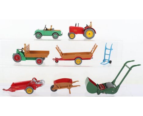 Dinky Toys Farm and Garden Models, 27a Massey Harris Tractor, red body, yellow cast wheel hubs,27b Halesowen Farm Trailer, re