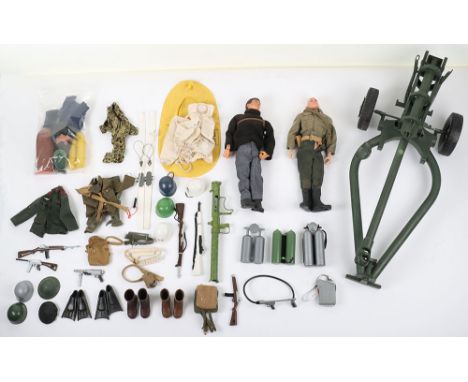 A Quantity of Vintage Action Man Items, including: blond painted head doll, flocked hair gripping hands doll, part French res