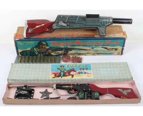 Tracer Tinplate Machine Gun K Toys (Japan) lithographed tinplate, new automatic cranc action, complete with magazine and two 