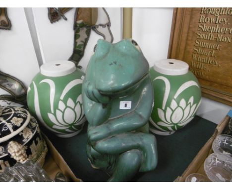 A PAIR OF LARGE CERAMIC GREEN AND WHITE GLAZED VASES AND A LARGE GREEN GLAZED CERAMIC FROG