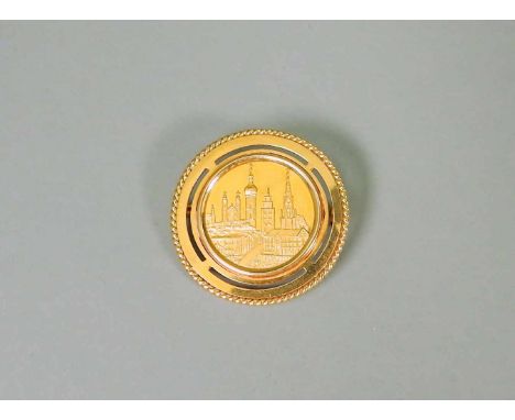   Stadtmedaille von Bad Tölz  Stadtmedaille von Bad Tölz   18 K Gelbgoldene Brosche mit eingelassener Münze mit einer Ansicht
