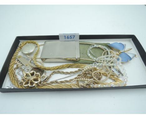 A small selection of costume jewellery including crystal necklace, gold plaited collarette, Saville compact holder, brooches,