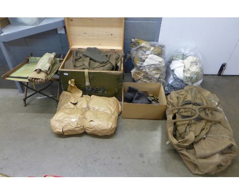 A collection of British Army equipment, REME uniform, other uniform items, boots, trunk, day bed, blankets, etc. **PLEASE NOT