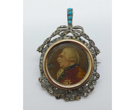 An old silver pendant/brooch set with rose cut sapphire and turquoise, with yellow metal framed portrait, width 27mm 