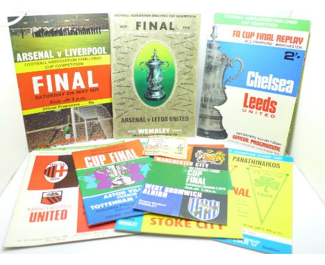 Football programmes; including 1971 FA Cup Final with ticket stub, 1968, 1970 and replay, 1972 and 1973 FA Cup Finals, League