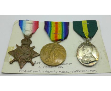 Three medals, WWI 1914-15 Star, Victory Medal to 61 Sjt. W.F. Garnett L'Pool R. plus George V Territorial Efficiency Medal to