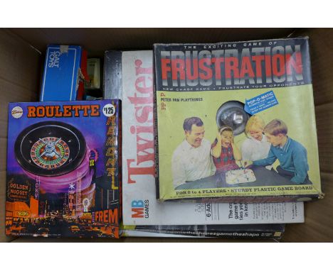 A box of vintage board games including Operation, Buccaneer, Spy Ring, Orient Express, Scrabble, Backgammon **PLEASE NOTE THI