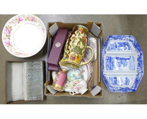 A Coalport bowl, Indian Tree jug, Victorian spill, a Spode dish, a Shelley pot, a/f, Past Times spoons, glass coasters, etc. 