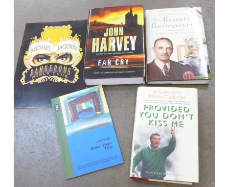 Four signed books, John Harvey x2, Duncan Hamilton and Miranda Rijks and a Michael Jackson concert programme with two tickets