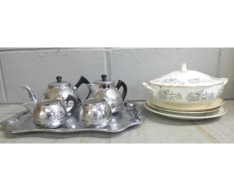 A Royal Albert Silver Maple tureen, a chromed tea service and tray, and three plates **PLEASE NOTE THIS LOT IS NOT ELIGIBLE F