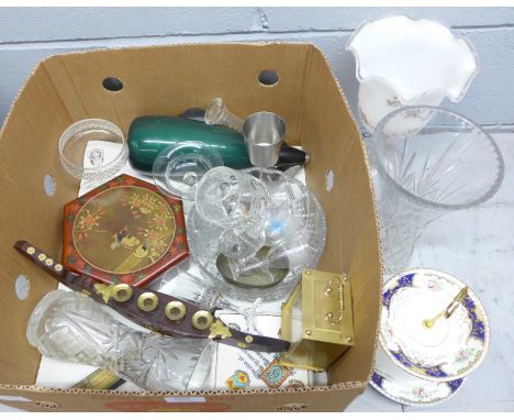 A box of mixed household items, glass, soda siphon, lacquered box, clock and glass vases **PLEASE NOTE THIS LOT IS NOT ELIGIB