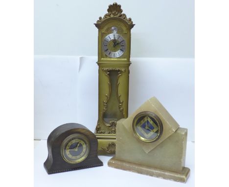 A miniature longcase clock, an alabaster clock and one other clock 