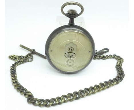 A gun metal cased digital pocket watch, missing second hand, and a watch chain 