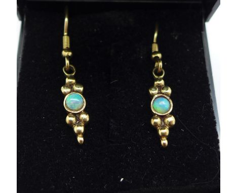 A pair of 9ct gold and opal drop earrings, 2.1g 