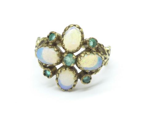 A 9ct gold, green stone and opal ring, 3.6g, O, ring top 16mm x 16mm 