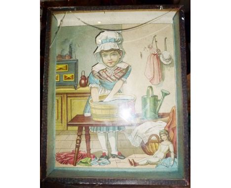 Table animated Washing Charming little animated picture with a girl washing clothes of her doll. Lithograph in colors, made i