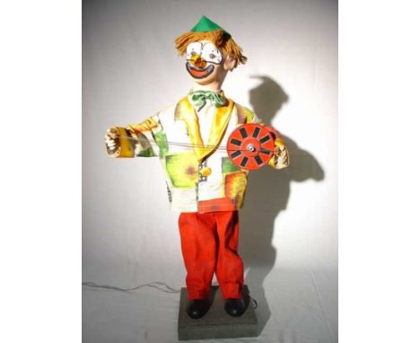 The Clown and his Yoyo Wooden automaton, biscuit and fabric. Clown pulling the thread of his yoyo. Electrified window display