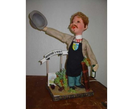 The Welcome Guy  Automaton in composition, wood and fabric. Standing and raising his hat to a sign "Welcome to VEVEY." Electr