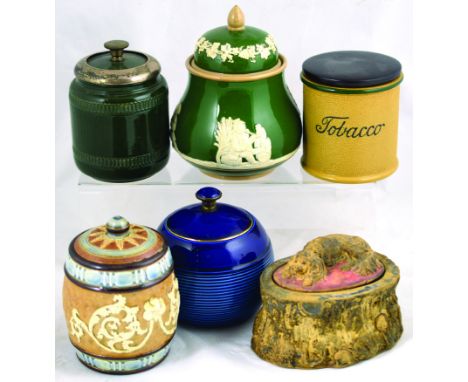 GROUP OF TOBACCO JARS. Doulton coloured salt glaze jar with raised decoration, green glazed jar with silver hallmarked border