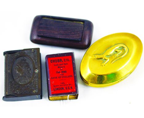 BRASS SNUFF/ TOBACCO BOX. Oval shape lead lined alligator to lid, plus wooden snuff box, Bakelite vesta case Queen Victoria 1